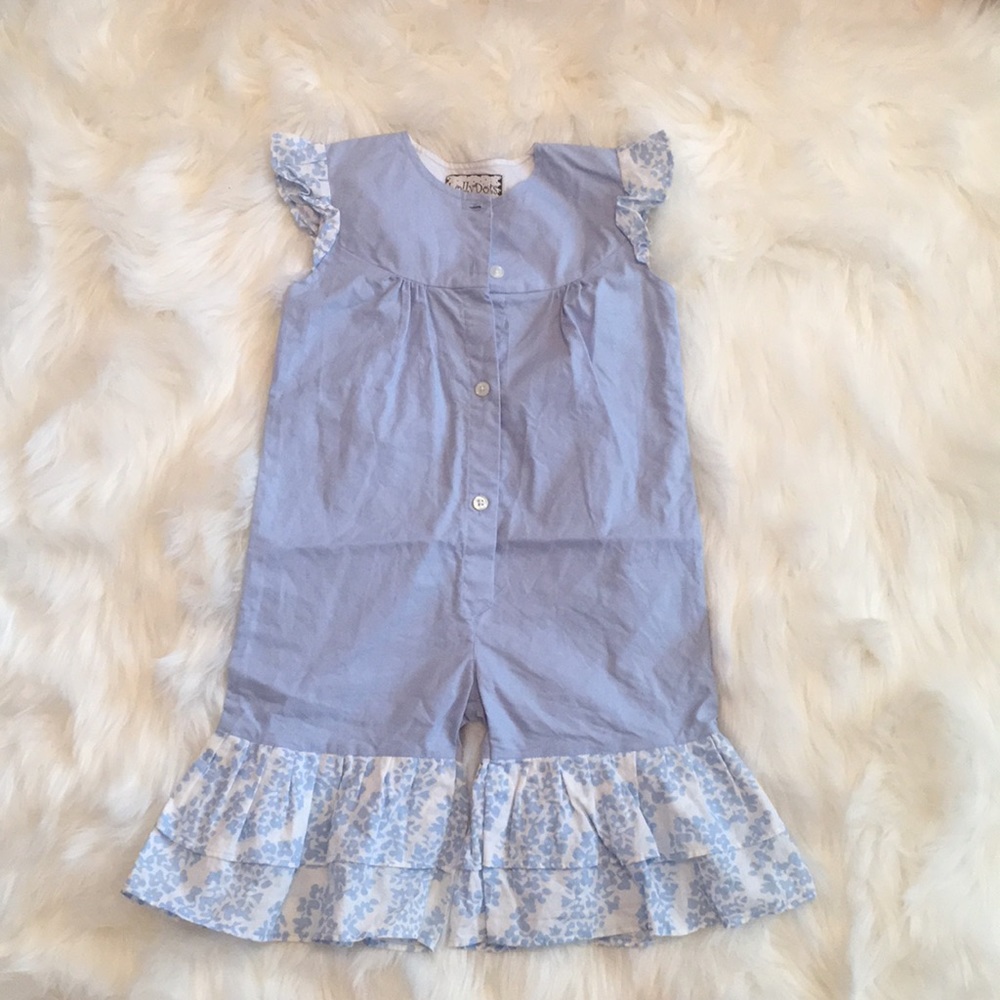 Lolly Dots blue linen ruffle one piece